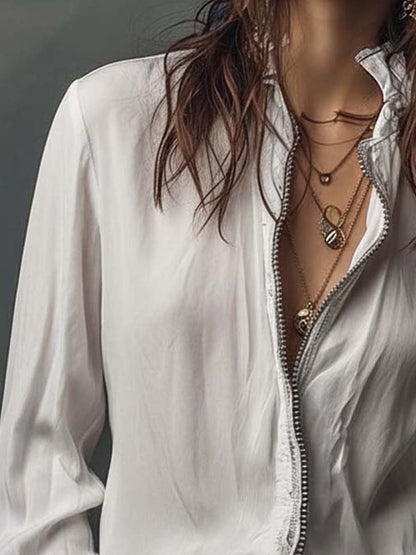 Dames Blouse Wit met Volant Mouwen en Ritssluiting