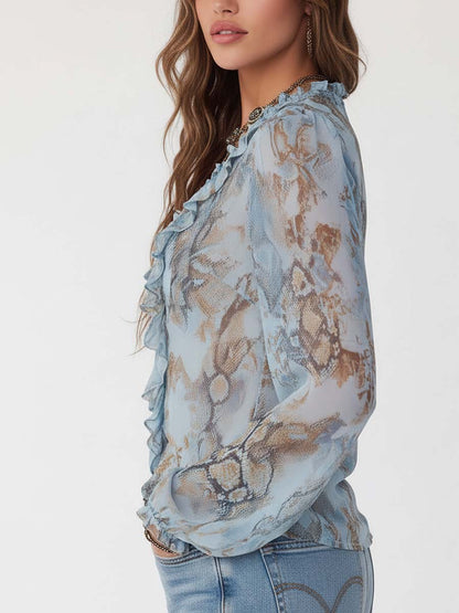 Blouse met Ruches en Rits Voorzijde in Blauw Bedrukte Stof