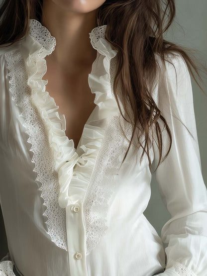 Dames Blouse Ivoorwit met Kant en Ruches
