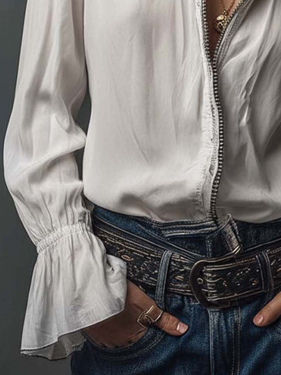 Dames Blouse Wit met Volant Mouwen en Ritssluiting