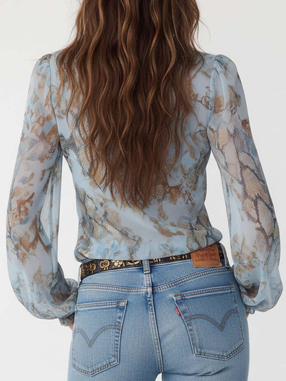 Blouse met Ruches en Rits Voorzijde in Blauw Bedrukte Stof