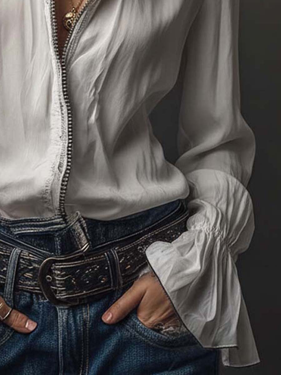 Dames Blouse Wit met Volantmouwen en Ritssluiting