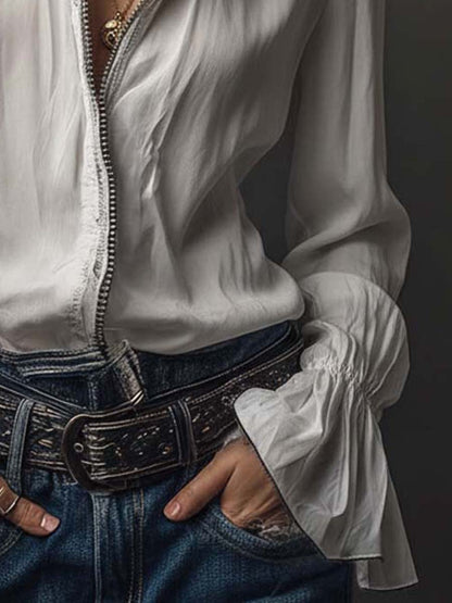 Dames Blouse Wit met Volantmouwen en Ritssluiting