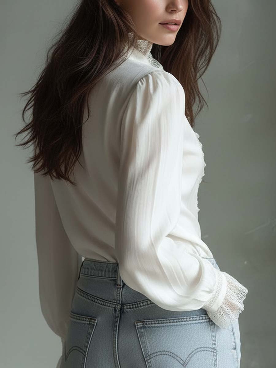 Dames Blouse Ivoorwit met Kant en Ruches