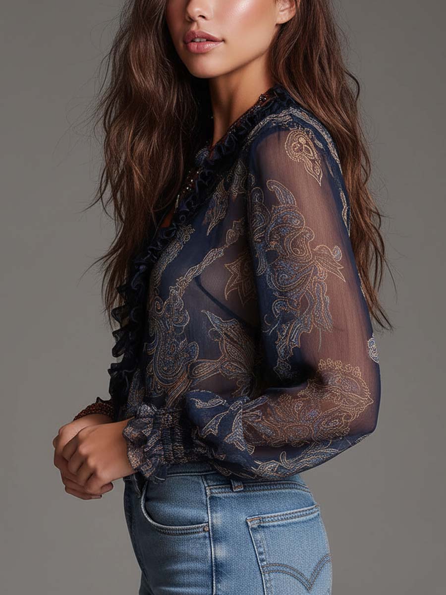 Dames Blouse Chiffon Paisley Print met Rits en Volants