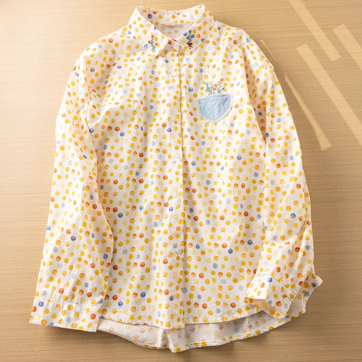 Gele Polkadot Blouse Vrouwen Overhemd Zomerse Stijl