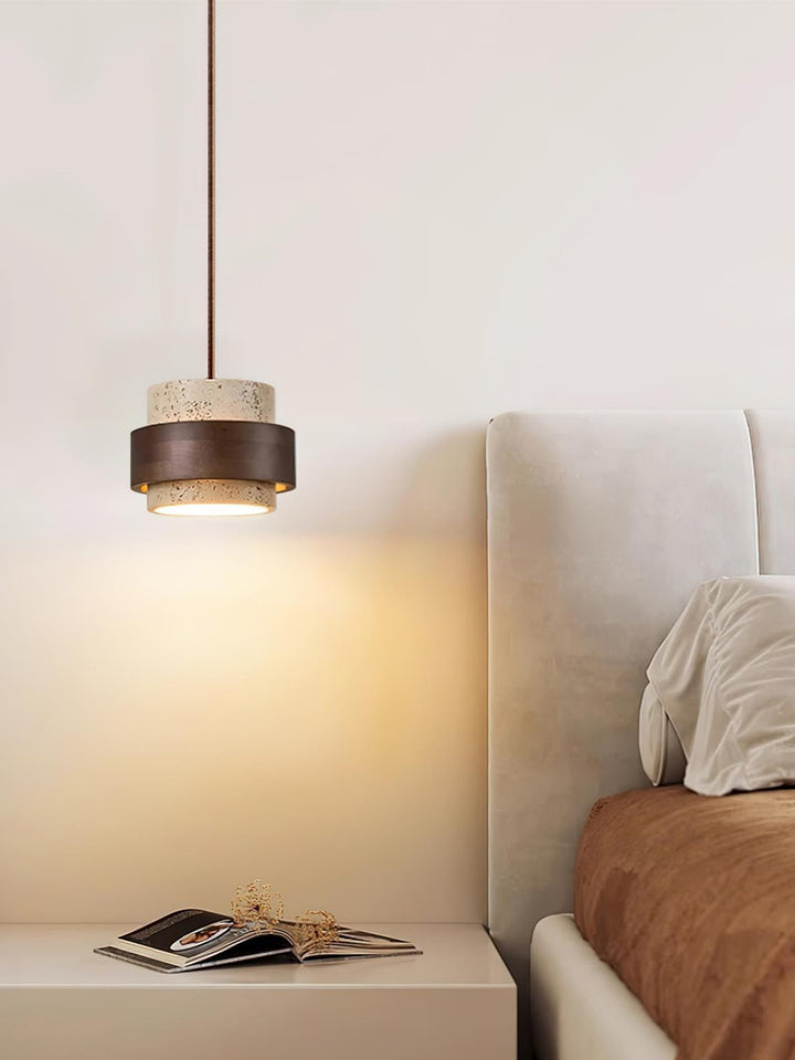 Houten Hanglamp met Travertijn Afwerking – Organische Lichtbron Eetkamer Woonkamer