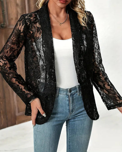 Dames Blazer Kanten Jas Elegant Zwart