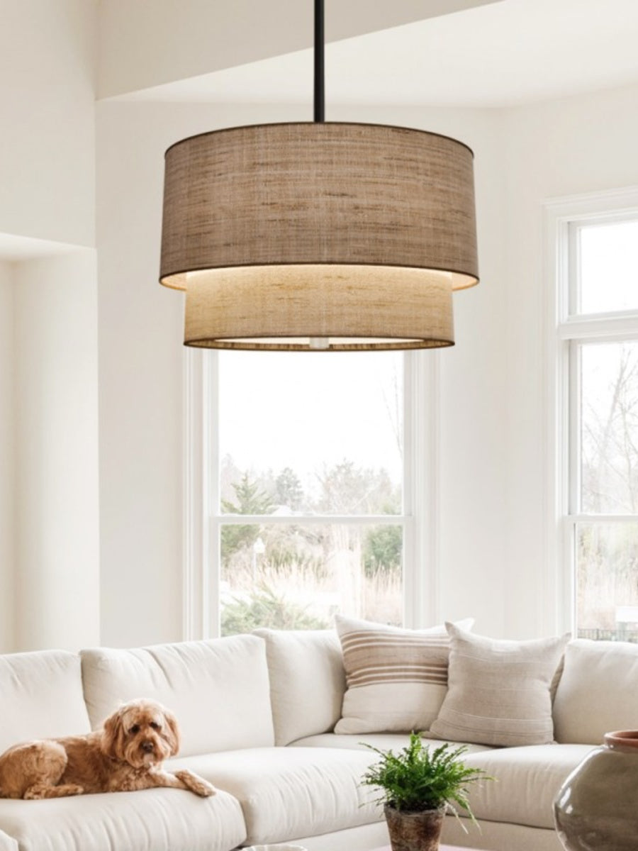 Dubbele Stoffen Drum Hanglamp – Moderne Gelaagde Kap Plafondlamp voor Eetkamer Woonkamer