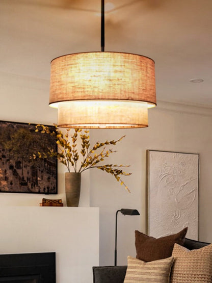 Dubbele Stoffen Drum Hanglamp – Moderne Gelaagde Kap Plafondlamp voor Eetkamer Woonkamer