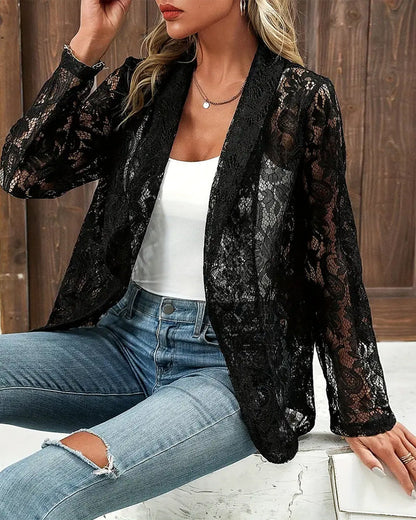 Dames Blazer Kanten Jas Elegant Zwart