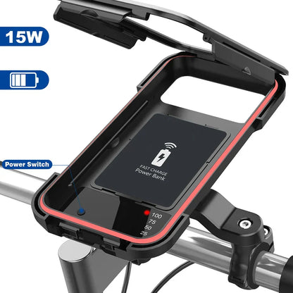 Waterdichte Telefoonhouder voor Fiets met 15W Draadloze Powerbank Zwart