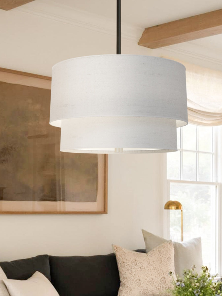 Dubbele Stoffen Drum Hanglamp – Moderne Gelaagde Kap Plafondlamp voor Eetkamer Woonkamer