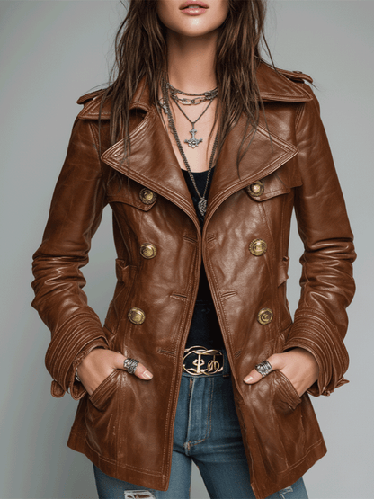 Dames Leren Jas Imitatie Vintage Double-Breasted Stijl