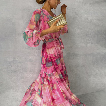 Elegante Jurk met Bloemenprint Lange Avondjurk