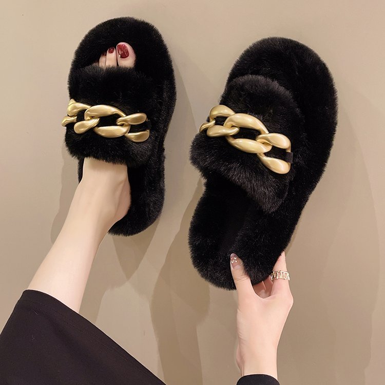 Dames Slippers Faux Fur Luxe met Ketting Detail