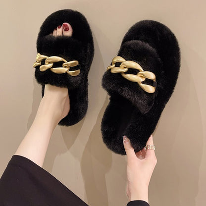 Dames Slippers Faux Fur Luxe met Ketting Detail