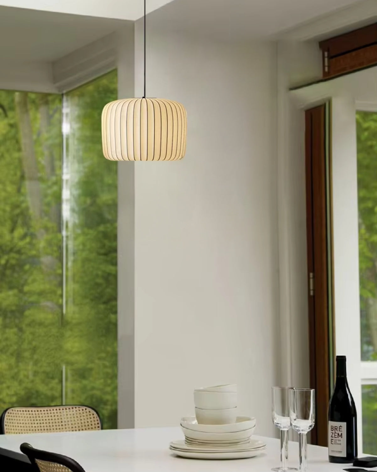 Moderne hanglamp met stoffen lampenkap – minimalistische design plafondlamp in stretchstof voor eetkamer en woonkamer