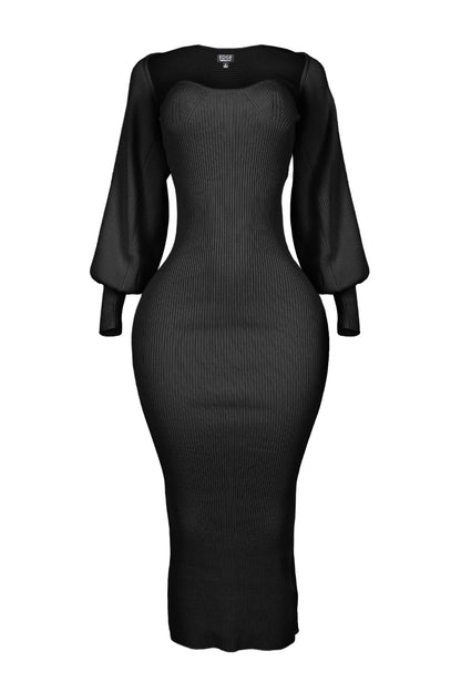 Midi Jurk Lange Mouwen voor Vrouw Zwart Elegante Stijl