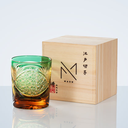 Whiskeyglas Edo Kiriko Kraanvogelveer Amber Handgemaakt Japans Kristal Houten Doos