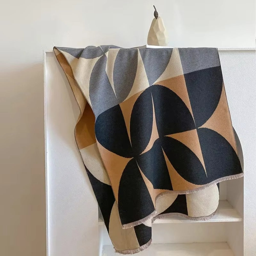 Omkeerbare Sjaal met Geometrisch Blokdesign Warm Zachte Microvezel Poncho voor Herfst en Winter