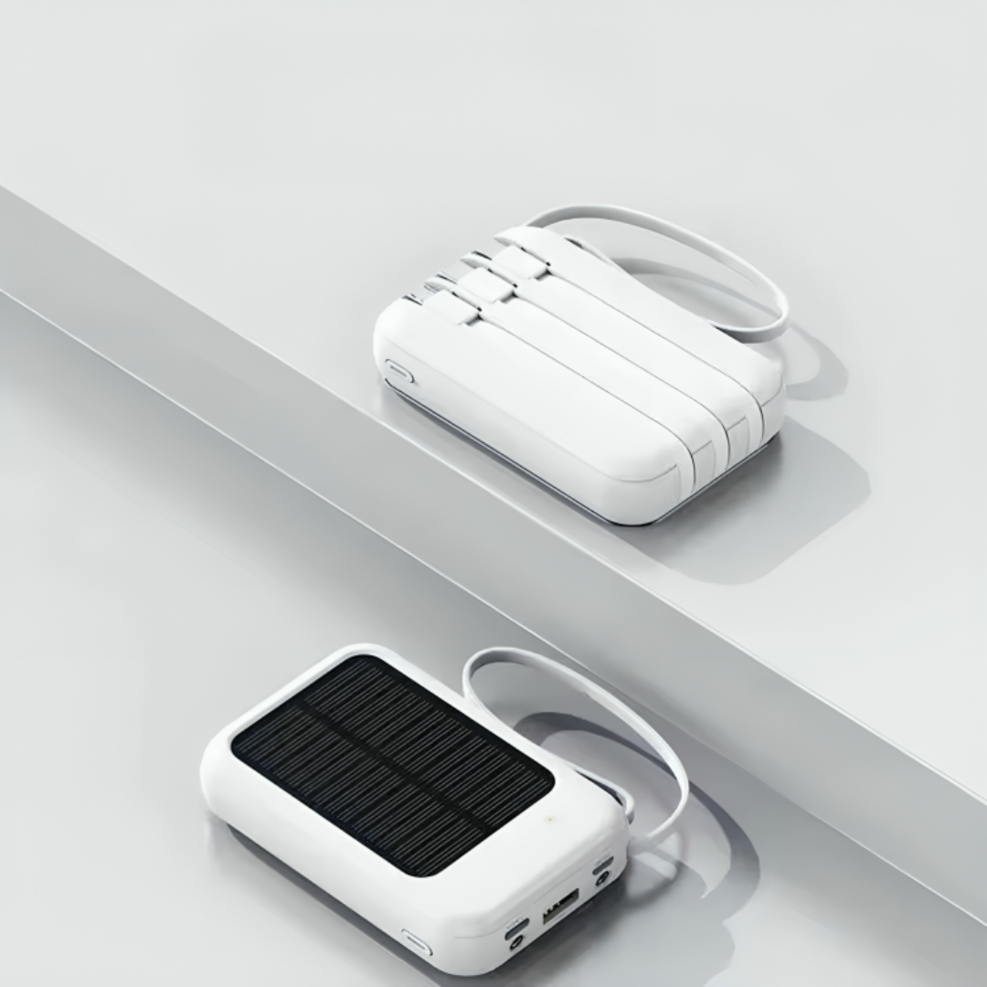 Oplaadbare Powerbank 20000mAh met Zonnepaneel, LED-Zaklamp en Ingebouwde Kabels – Draagbare Noodaccu met Dubbele USB- en Type-C-Aansluiting voor Smartphone en Tablet