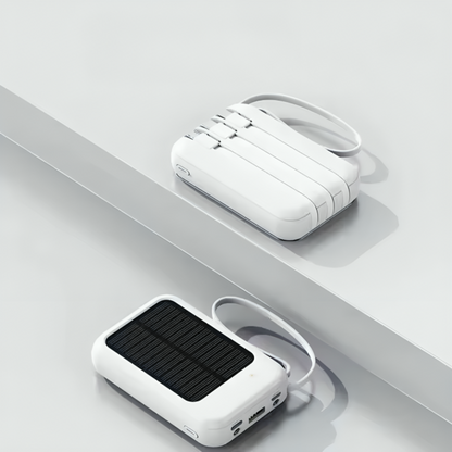 Oplaadbare Powerbank 20000mAh met Zonnepaneel, LED-Zaklamp en Ingebouwde Kabels – Draagbare Noodaccu met Dubbele USB- en Type-C-Aansluiting voor Smartphone en Tablet