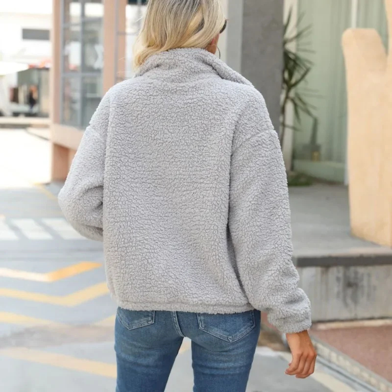 Warme Vrouwen Jasje Sherpa Leren Look Met Zakken