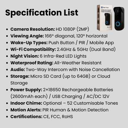 Draadloze Smart Video Deurbel Camera | HD-Beeldkwaliteit Dag & Nacht | WiFi Tweerichtings Intercom | Bewegingsdetectie | Geen Abonnement Vereist | Weerbestendig | Oplaadbare Batterij 90 Dagen
