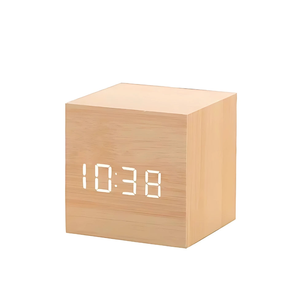 Digitale LED Wekker Kubus met Temperatuur Display Hout Finish