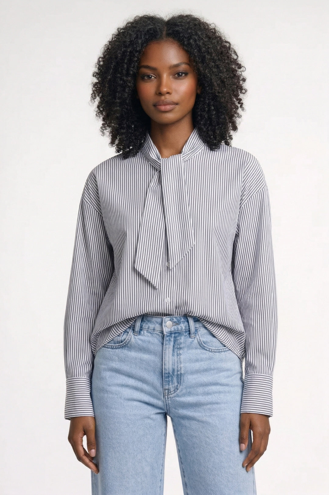 Dames Blouse Gestreept met Strikdetail en Staande Kraag