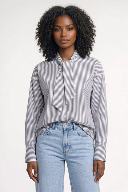 Dames Blouse Gestreept met Strikdetail en Staande Kraag