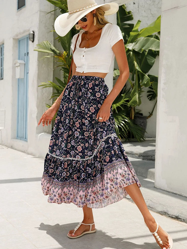 Retro Midi-rok met Ruches en Bloemenprint