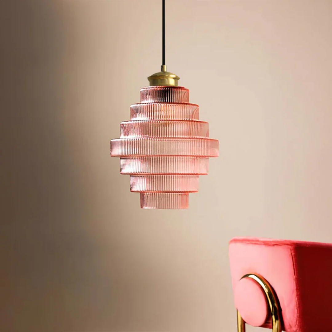 Hanglamp Glas Geribbeld Messing Gelaagd Woonkamer Eettafel Sfeerverlichting Vintage Design