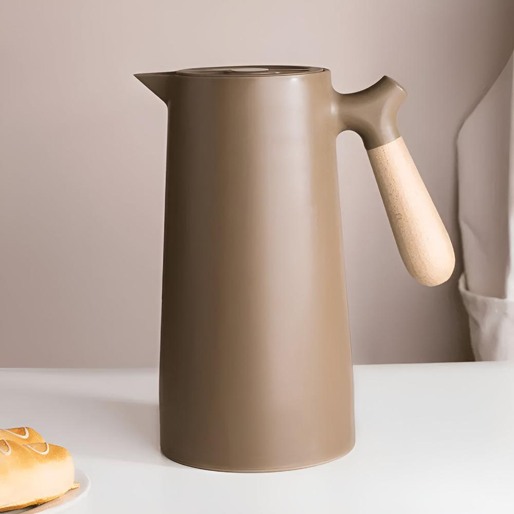 Geïsoleerde Karaf 1 Liter Houten Handvat Dubbelwandig Koffiekaraf Thermos Scandinavisch Design Groen Wit Zwart Rood Bruin