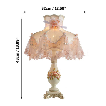 Romantische Tafellamp met Stoffen Kap en Parels – Elegante Decoratieve Nachtlamp met Kant en Rozenmotief – Klassieke Vintage Sfeerlamp voor Slaapkamer en Woonkamer