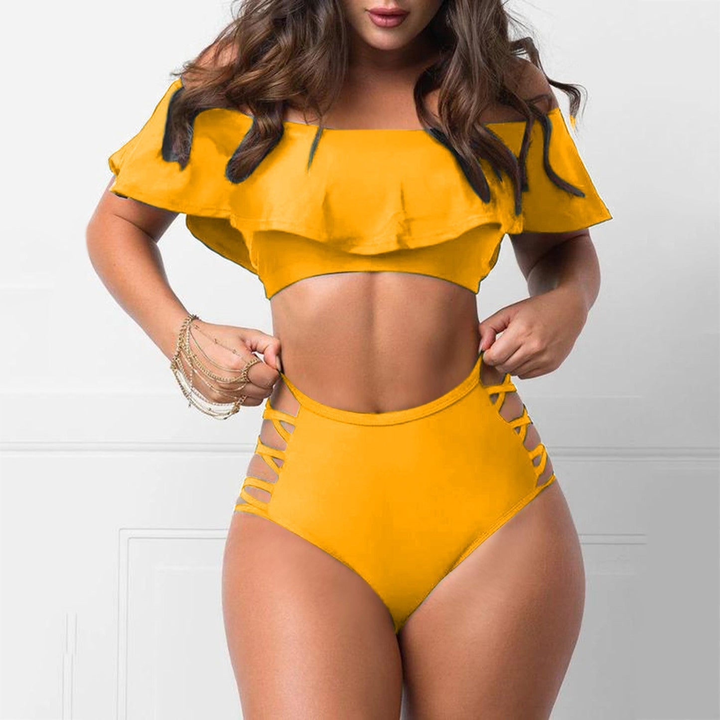 Vrouwelijke Bikini Off-Shoulder met Ruches Zomerbadmode