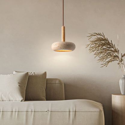 Zen Hanglamp met Natuursteen Kap en Houten Accent – Scandinavisch Design met Geïntegreerde LED