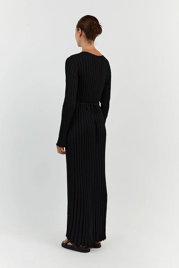 Zwarte Midi Jurk V-Hals Elegante Avondjurk