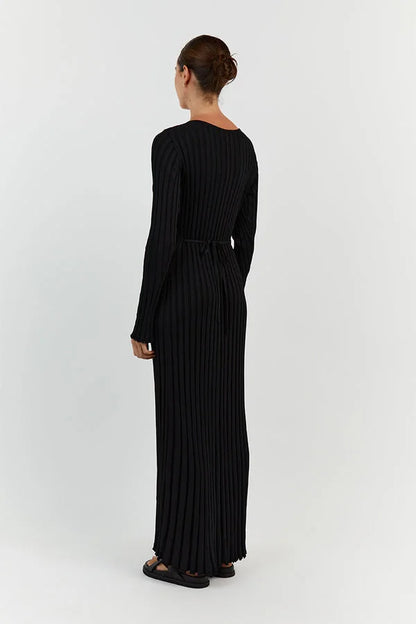 Zwarte Midi Jurk V-Hals Elegante Avondjurk