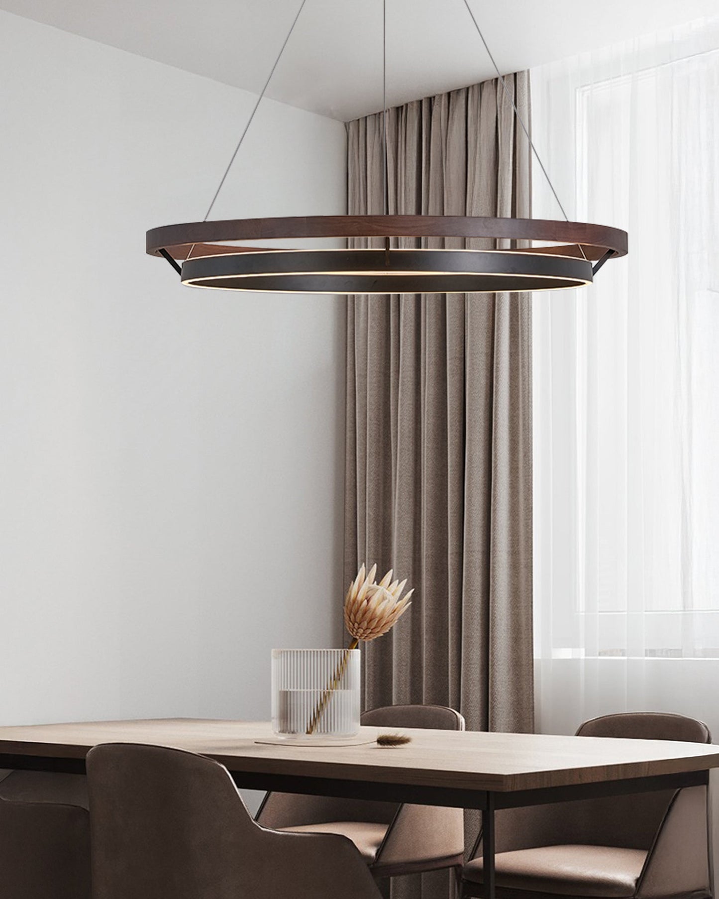 Houten Ringkroonluchter LED Ingebouwd Warm Wit Dimbaar Eetkamer Woonkamer Plafondlamp Modern Farmhouse