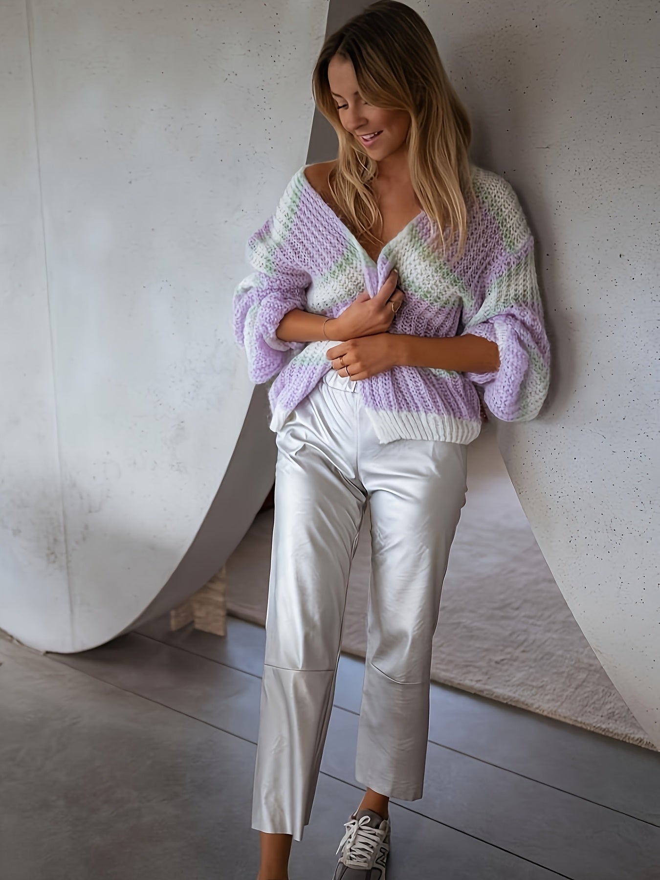 Dames Cardigan Gebreid Gestreept Met Lanternmouwen