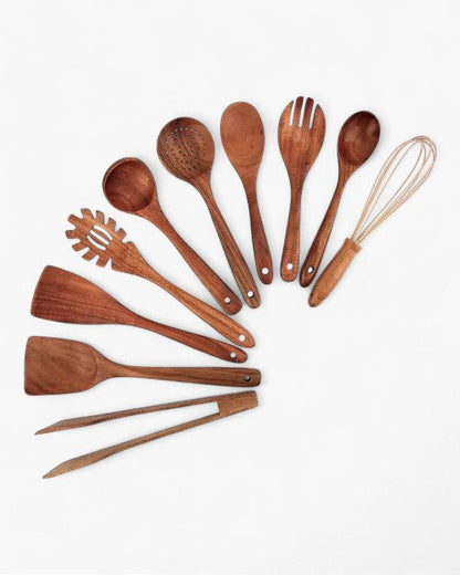 Teakhouten Keukengerei Set | Duurzaam Houten Bestek voor Dagelijks Koken | Zachtvoor Pannen | Elegant Keukenaccessoire | Milieuvriendelijk