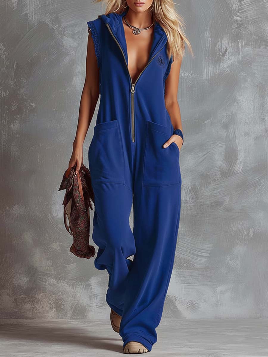 Dames Jumpsuit Sportief Katoen Framboosrood met Capuchon