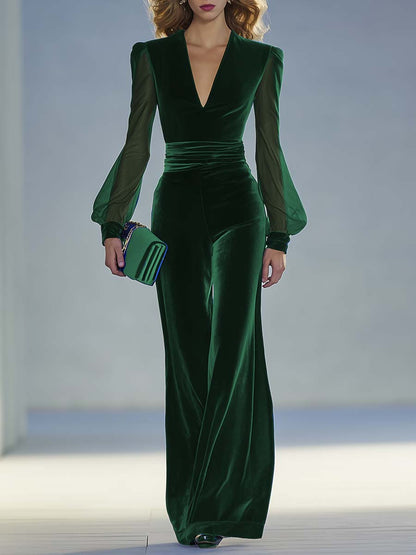 Elegante Fluwelen Jurk met V-hals en Lange Mouwen