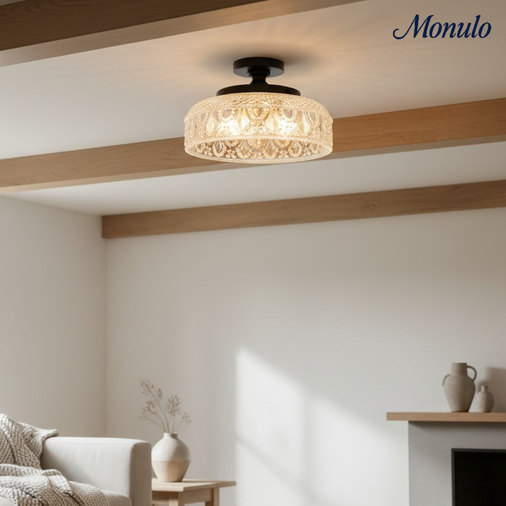 Geribbelde Glazen Plafondlamp met Metalen Armatuur – Minimalistische Verlichting voor Slaapkamer en Gang