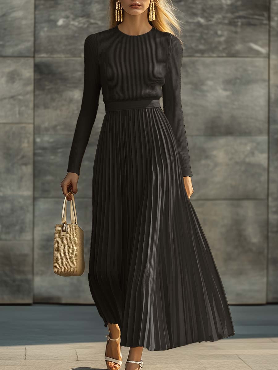 Dames Maxi Jurk met Gebreide Top en Geplooide Satijnen Rok