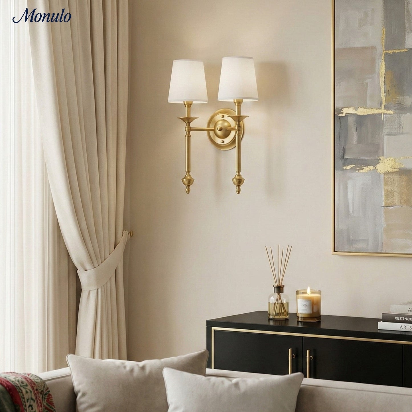 Stoffen Wandlamp met Vintage Koperen Afwerking – Sfeervolle Verlichting voor Hal, Slaapkamer en Woonkamer