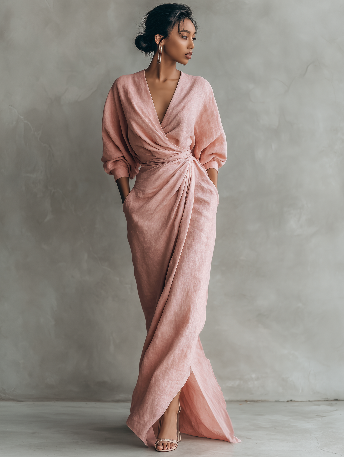 Dames maxi-jurk linnen met V-hals - StudioMarella