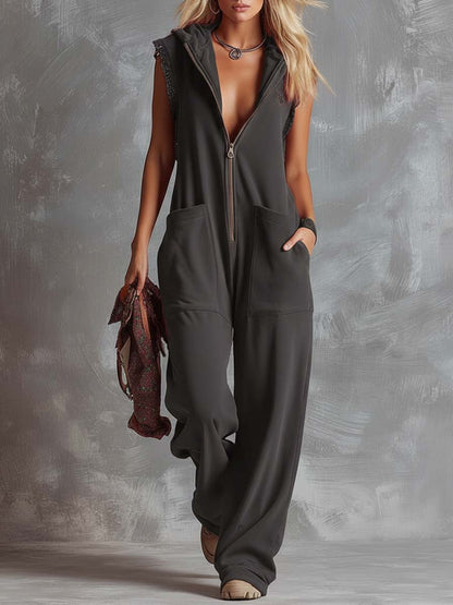 Dames Jumpsuit Sportief Katoen Framboosrood met Capuchon